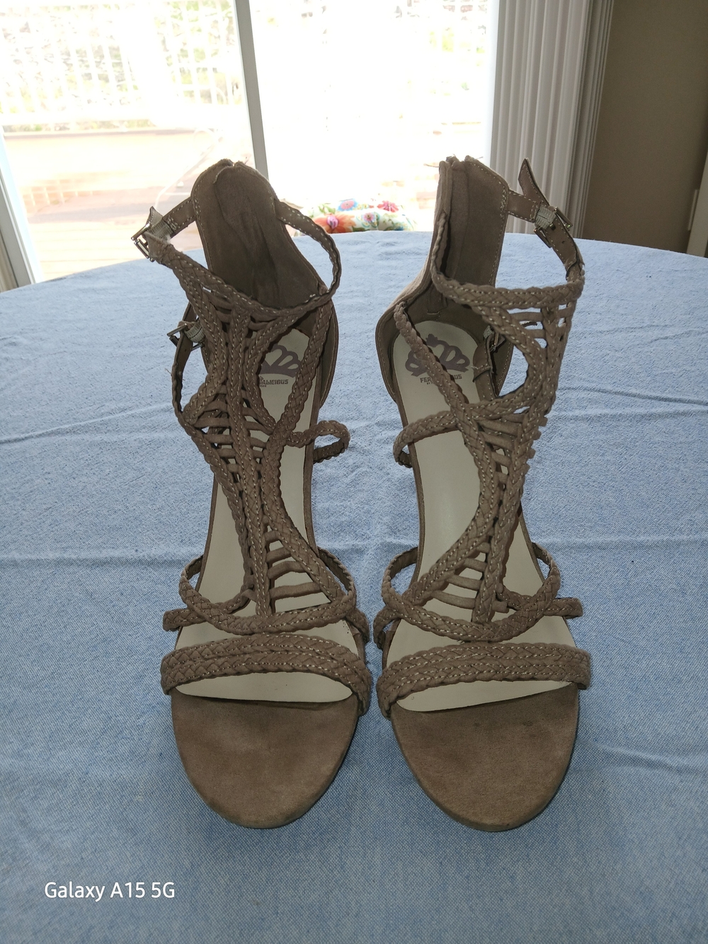 Fergalicious Miko biscuit microsuede sandals featuring a caged, braided design